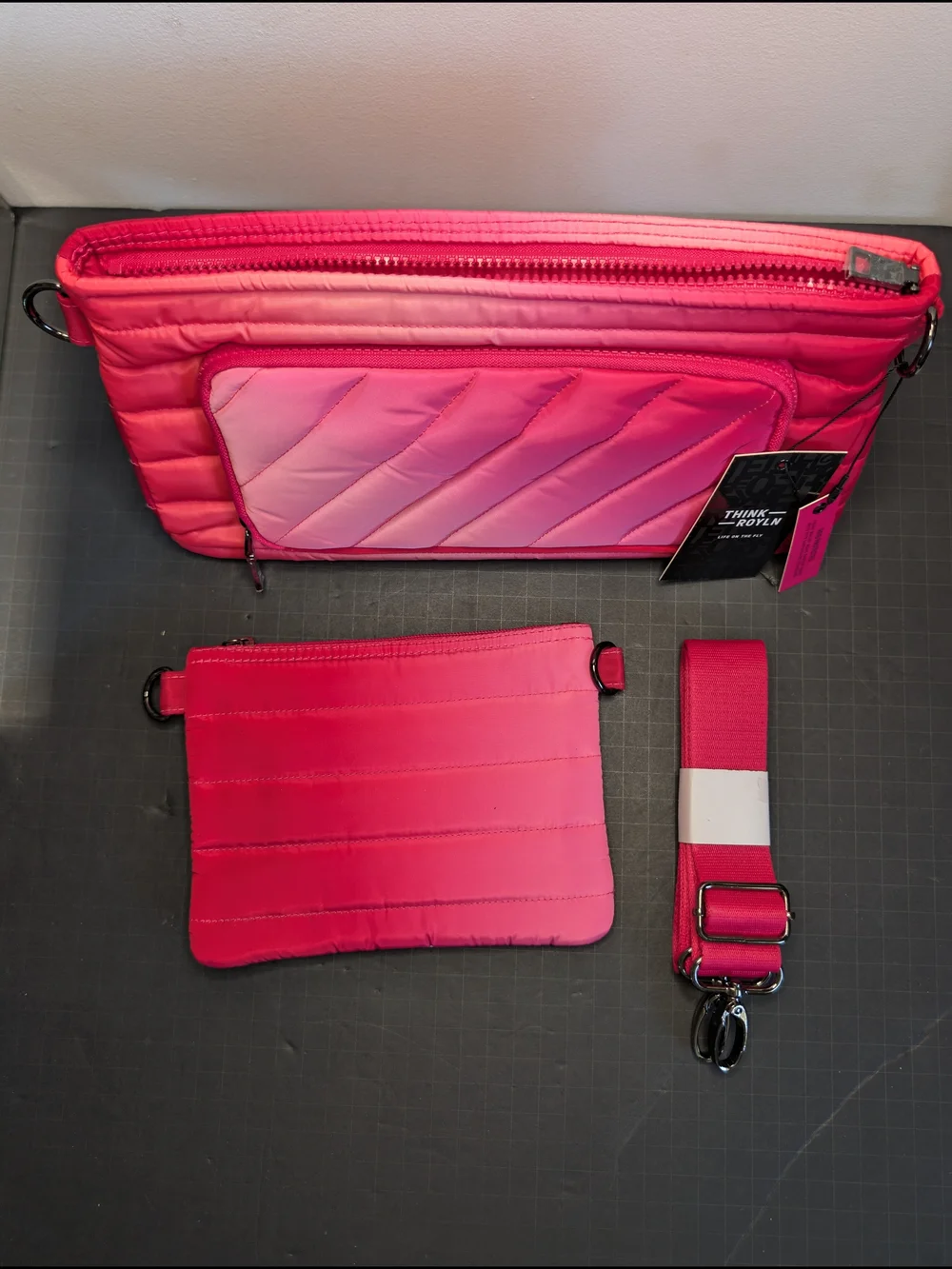 THINK ROYLN Pink Ombre Quilted Crossbody Bag Zip Silver Hardware Strap & Pouch